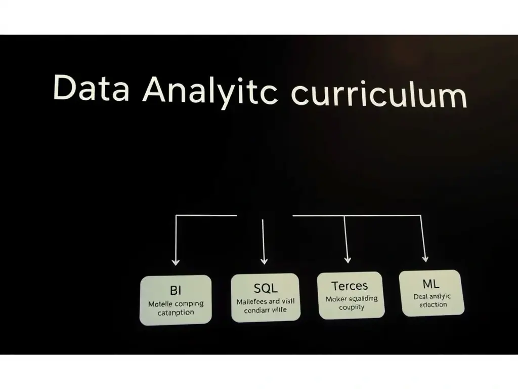 A detailed image showcasing a flowchart of the data analytics curriculum, highlighting the progression from basic Excel skills to advanced machine learning techniques, with clear labels for each module.
